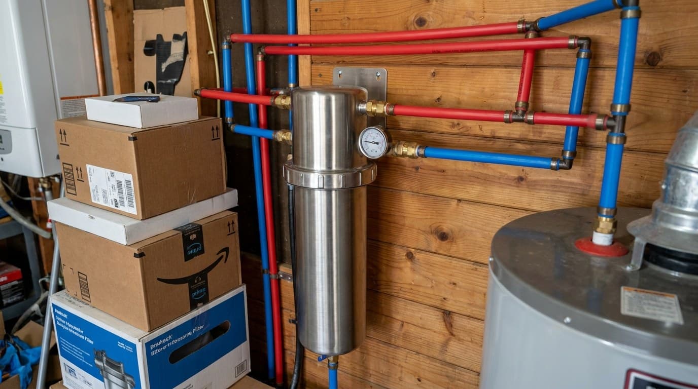 Salt-based water softener tank installed beside the main water line in a Burbank utility room