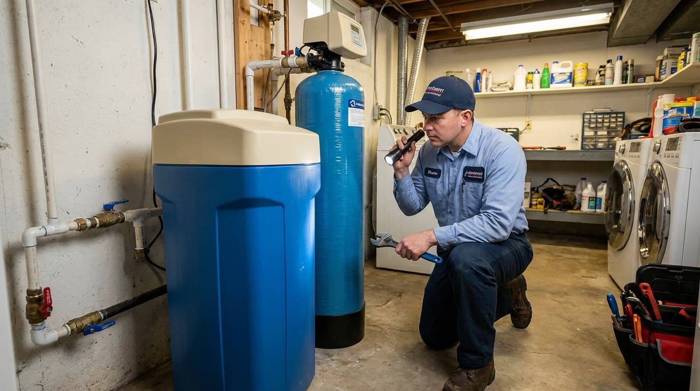 Water softener installation in a Southern California utility room beside a water heater