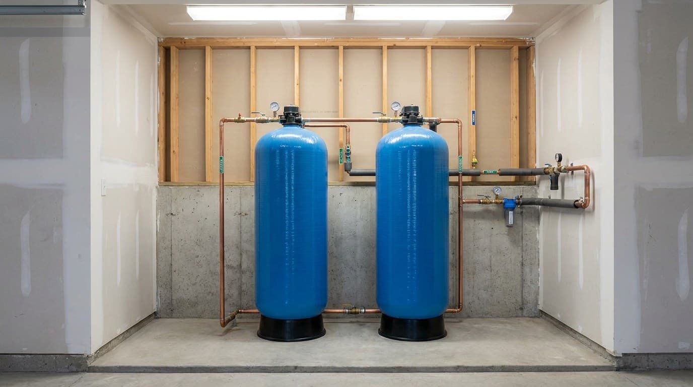 Whole-home water filtration system installed at the main water line in a Los Angeles utility room