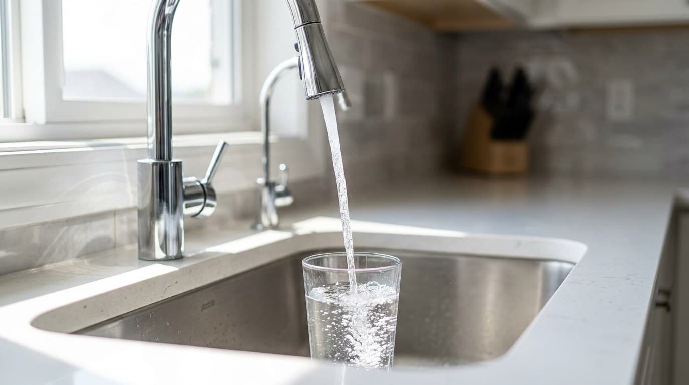 Crystal clear water flowing from a freshly installed RO faucet