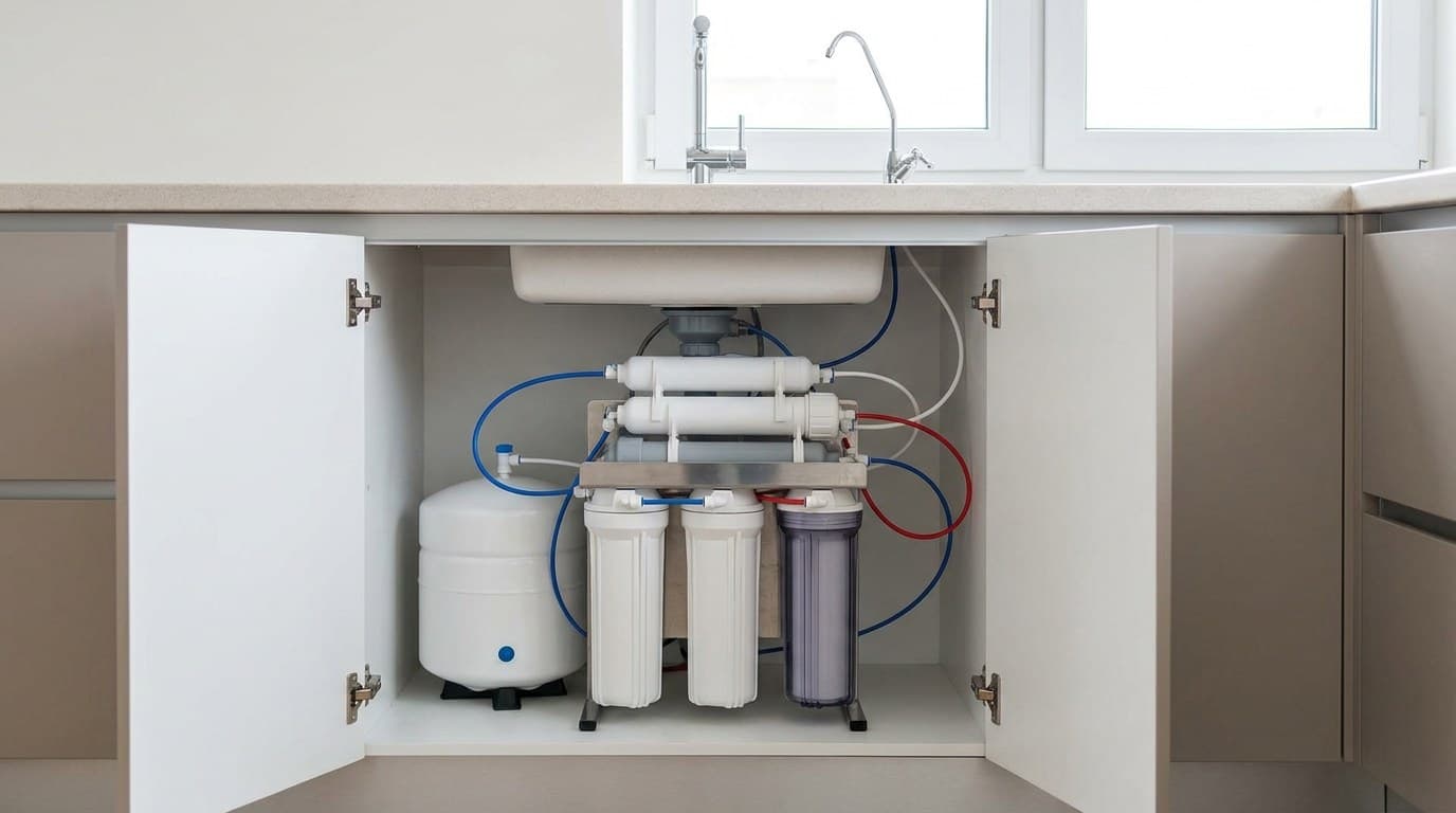 Reverse osmosis system installed under a kitchen sink in a San Diego County home
